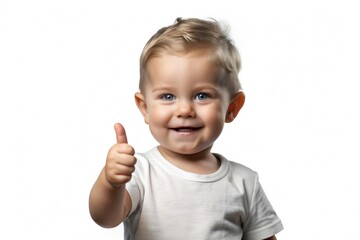 A cute toddler isolated on a white background, enthusiastically giving a thumbs up sign