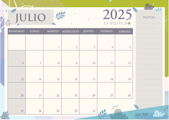 Calendario mensual 2025 en Español. JULIO.
