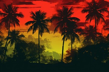 Tropical sunset with palm tree silhouettes.