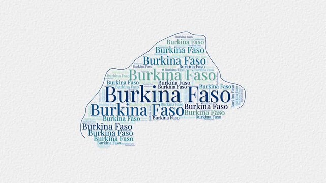 Burkina Faso logo animation. Burkina Faso boundary word cloud animation. Video of country names in multiple languages popping out on paper style background. Country opening, intro, presentation video.