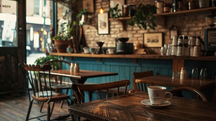 Cozy Coffee Shop Interior with Rustic Decor, Comfortable Seating, and Warm Beverages Being Served on a Chilly Day no noise neat and clean