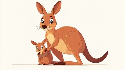 Cute cartoon kangaroo with a baby joey peeking out of its pouch, hopping along.