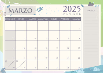 Calendario mensual 2025 en Español. MARZO