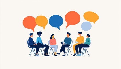 Illustration of diverse group of people having a discussion, sharing ideas, sitting in a circle. Concept of teamwork, communication, brainstorming.
