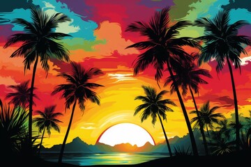 Tropical sunset with palm tree silhouettes.