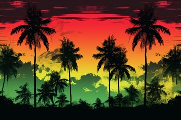 Tropical sunset with palm tree silhouettes.