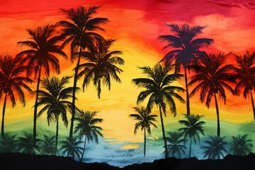 Tropical sunset with palm tree silhouettes.