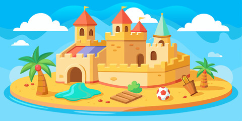 3D sand castle summer set, kids beach vacation vector building illustration, holiday sea sculpture. Cartoon travel architecture medieval house children outdoor tropical game. Sand castle shore clipart