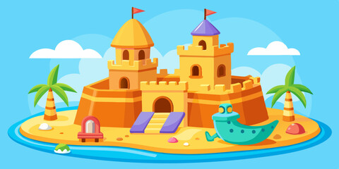 3D sand castle summer set, kids beach vacation vector building illustration, holiday sea sculpture. Cartoon travel architecture medieval house children outdoor tropical game. Sand castle shore clipart