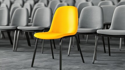 A single yellow chair stands out among a sea of gray chairs, symbolizing uniqueness and leadership in business or design.