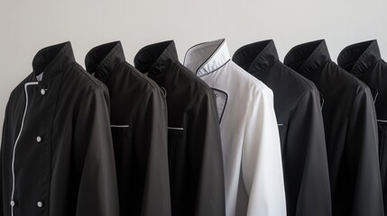 A set of black and white chef jackets neatly arranged, showcasing professional culinary attire in a stylish, minimalist presentation.