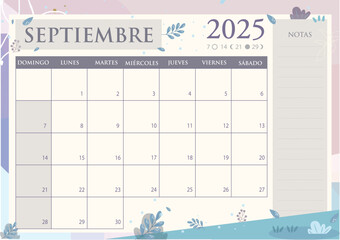 Calendario mensual 2025 en Español. SEPTIEMBRE 