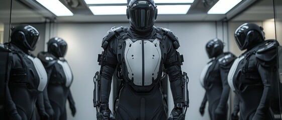 Fototapeta premium Futuristic Protective Exoskeleton Suit Ensuring Enhanced Human Safety in Hazardous Environments