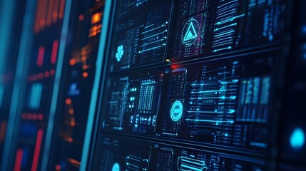 Obraz premium Close-Up of Digital Data with Blockchain Technology Symbols on Screen. Futuristic and Secure Representation of Online Security in Dark Blue Tones, Emphasizing Trust, Encryption