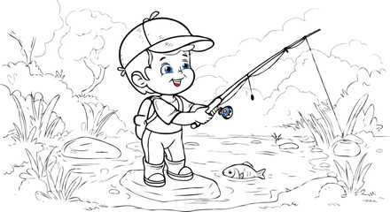 coloring page a simple drawing of red yellow with baby girl & boy fishing, vector illustrator