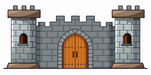 Stone castle wall vector background, medieval brick gate, old town entrance, wooden ancient door. History gray fortification clipart isolated on white, fantasy RPG royal tower. Masonry castle wall 