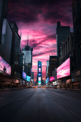 Fototapeta premium Futuristic billboard on a night city scene in powerful contrasting colors. Conceptual image on the future of the advertising industry.