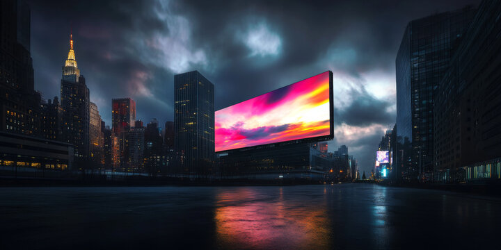 Futuristic billboard on a night city scene in powerful contrasting colors. Conceptual image on the future of the advertising industry.