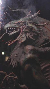 fire run or correfoc festival,barcelona spain in vertical