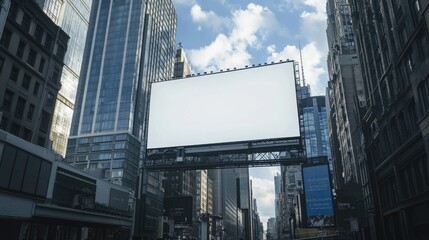 Billboard in a city center, surrounded by tall buildings and bustling pedestrians.