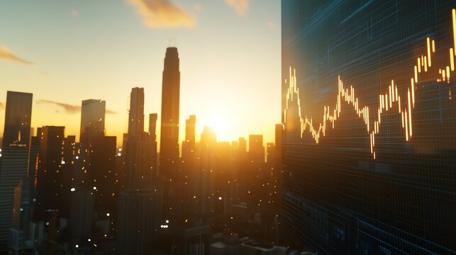 Stunning sunset over a city skyline with stock market graphics, capturing the essence of finance and urban life.
