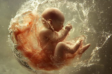 Close-up image of a human fetus developing inside an amniotic sac
