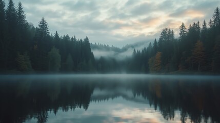 Fototapeta premium Calm morning at the misty lake surrounded by dense forest during early dawn