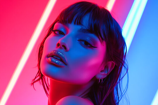 A fashion model with brunette hair poses in a studio bathed in colorful, bright neon lights.