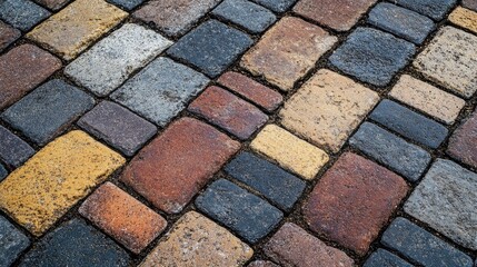 Fototapeta premium Close-up of brick pavement with different colored bricks forming a decorative pattern.