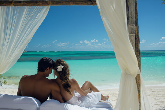 A honeymoon couple enjoys a luxury beach getaway at a tropical hotel