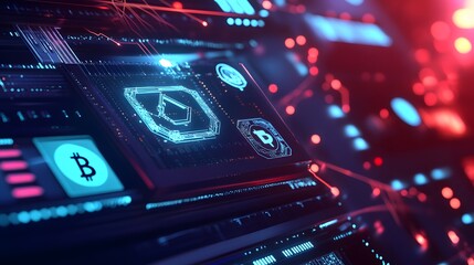 Obraz premium Close-Up of Digital Data with Blockchain Technology Symbols on Screen. Futuristic and Secure Representation of Online Security in Dark Blue Tones, Emphasizing Trust, Encryption