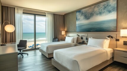 Cozy hotel room with twin beds, modern amenities, and a beautiful beach view.