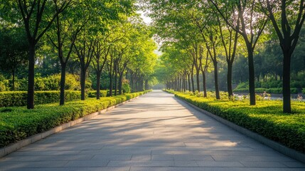 Obraz premium Empty sidewalk with smooth pavement, lined by green trees on a sunny day.