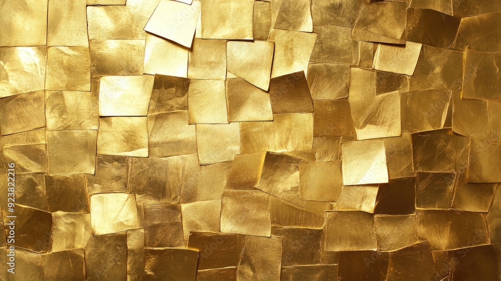 Poster gold leaf tiles arranged in a random pattern, shimmering under soft light for a glamorous wall accen