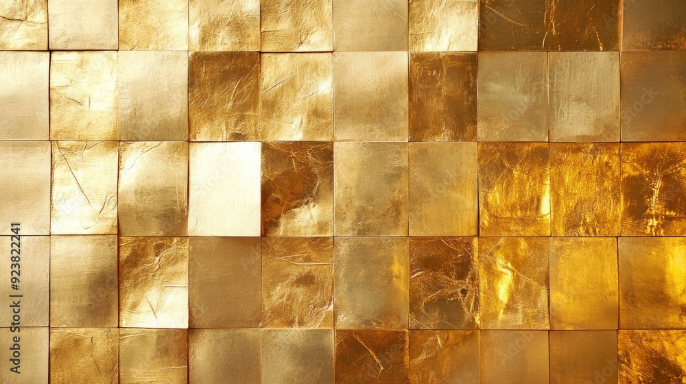 Poster gold leaf tiles arranged in a random pattern, shimmering under soft light for a glamorous wall accen
