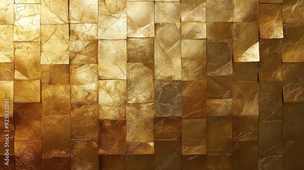 Poster gold leaf tiles arranged in a random pattern, shimmering under soft light for a glamorous wall accen