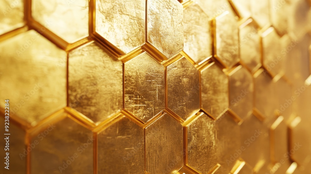Poster gold metallic tiles forming a hexagonal pattern, creating a luxurious and sophisticated wall design.