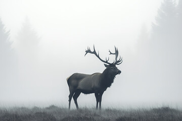 A red deer stag silhouette stands majestically in the mist, its powerful antlers prominent against the ethereal fog