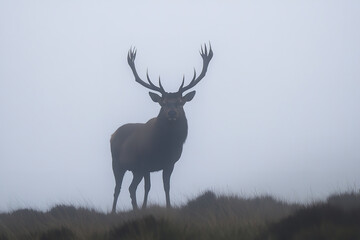 Obraz premium A red deer stag silhouette stands majestically in the mist, its powerful antlers prominent against the ethereal fog