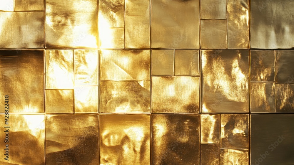 Poster gold tiles with a reflective surface arranged in a random pattern, catching light for a dynamic wall