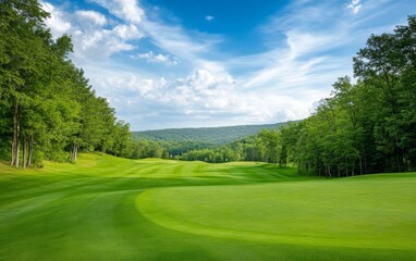 Beautiful Golf Course with Blue Sky and Green Grass Landscape