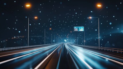 Highway at night with illuminated white traffic lines and bright reflective road signs.