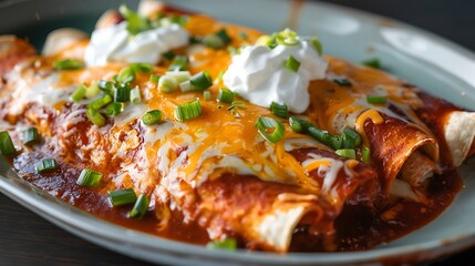 Fototapeta premium Plate of enchiladas with rich red sauce, melted cheese, and garnished with sour cream and green onions, detailed and delicious