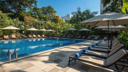 Fototapeta premium Hotel pool area with comfortable sun loungers, umbrellas, and a refreshing ambiance