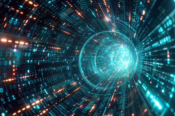 Fototapeta premium A blue and orange tunnel with a lot of numbers, generative ai image.