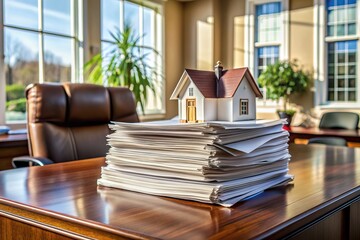 A neat stack of official legal documents related to real estate transactions lies on a secretary's desk, awaiting review and serving as evidence of property ownership.