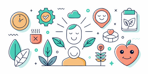 Self-care doodle icon set, mental health symbol, vector hand drawn positive thinking good habits. Optimism lifestyle collection, personal psychology support ink sketch. Relax routine self-care icon 