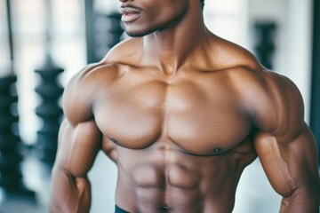 Fototapeta premium Athletic man showcasing muscle definition in gym