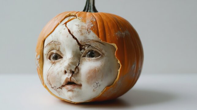Carved pumpkin with a broken porcelain doll mask, placed on a white background, Halloween, haunting and delicate