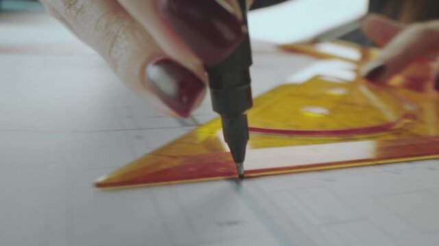Civil engineer makes amendments to the construction plan of the house. Close-up view